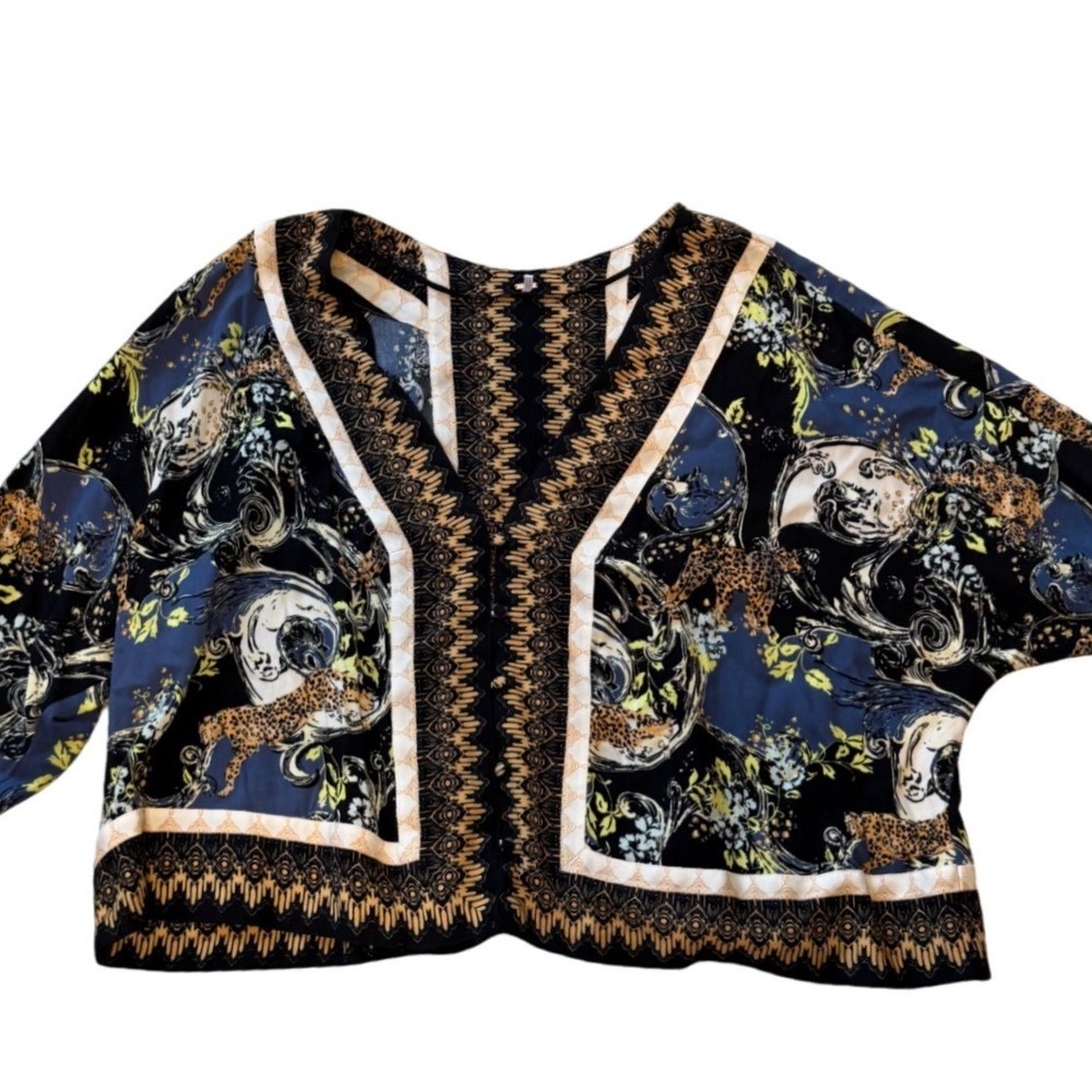 Free People Flowy Button Front Blouse Leopard Floral Geometric Black Medium - Picture 2 of 9